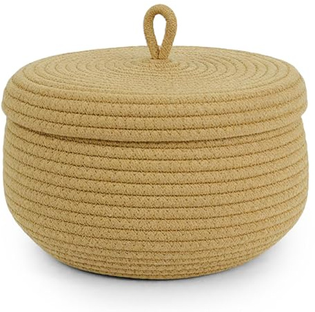 Korb mit Deckel Baumwollseil, 23x17 cm Aufbewahrungskorb mit Deckel, Geflochtener Korb für Wohnzimmer, Baumwollseil Körbchen Geflochten für Pflanzen Snacks Handtücher Garn Spielzeugkorb (Khaki)