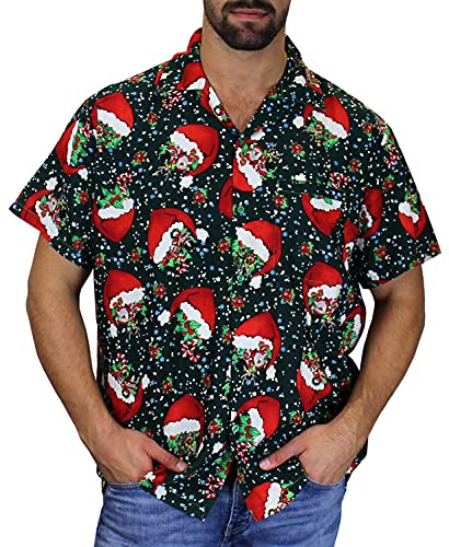King Kameha Funky-Hawaii-Hemd, Weihnachten, Herren, Kurzarm, Christmas-Flying-Hats, Grün, 3XL