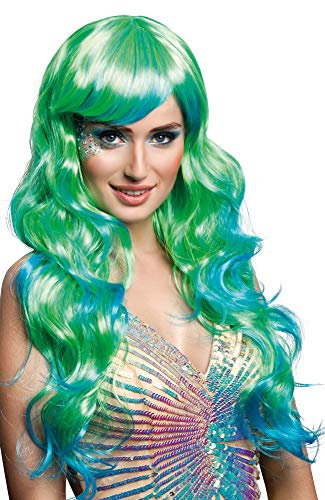 Das Kostümland Langhaar Locken Perücke Aqua mit Pony - Grün Blau - Accessoire Cosplay Animé Meerjungfrau Nixe Mermaid