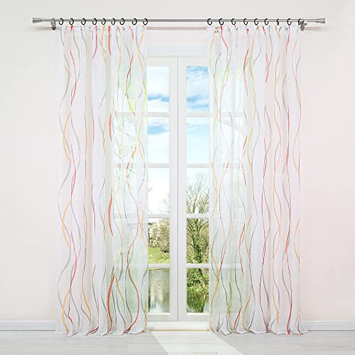 HongYa 1 Stück Voile Gardine Transparenter Vorhang mit Kräuselband Wellen Druck H/B 245/140 cm Bunt Orange