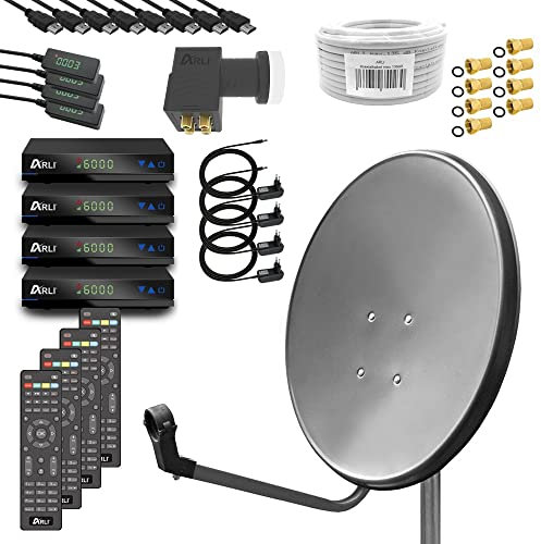 ARLI HD digital Sat Anlage 60 cm Grau/Anthrazit Komplettset für 4 Teilnehmer komplett inkl. 4X Receiver DVB-S2 + Quad LNB + 100 m Koaxialkabel + 8X F-Stecker Satellitenschüssel UHD (4K / 8K) 3D