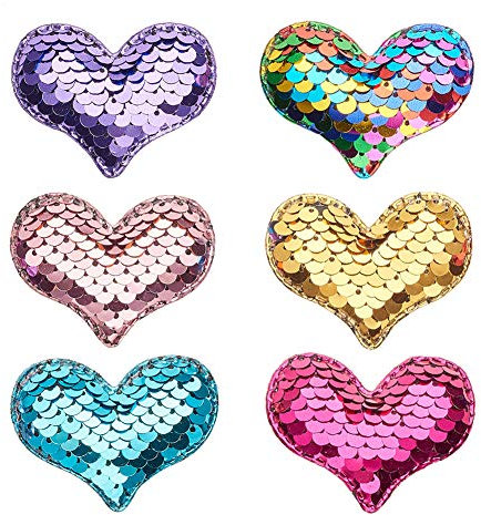 PandaHall Elite 30 Stück 6 Farben Nähen auf Herz-Patches, Pailletten Patch Aufkleber Applique gestickte Patches Pailletten für Jeans Jacken Meerjungfrau kostüm Kleidung Hut Nähen DIY Artcrafts