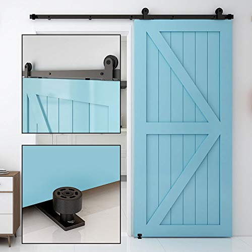 TSMST 7FT/213CM Binario per Porta Scorrevole, Nero e Rustico Kit Accessori con Guida a Pavimento Regolabile