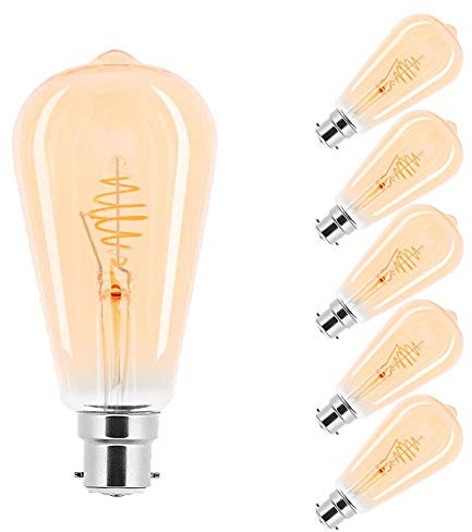NCC-Licht 5 x LED Spiral Filament Leuchtmittel Edison Form ST64 2,5W B22 Gold extra warmweiß 2000K