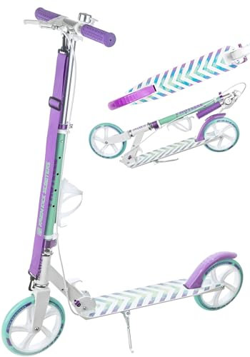 RAVEN Scooter Roller Tretroller Kickscooter für Kinder Erwachsene |klappbar | höhenverstellbar | Tragegurt | Klingel | Flaschenhalter (Pastelle White/Mint mit Handbremse, 200mm)
