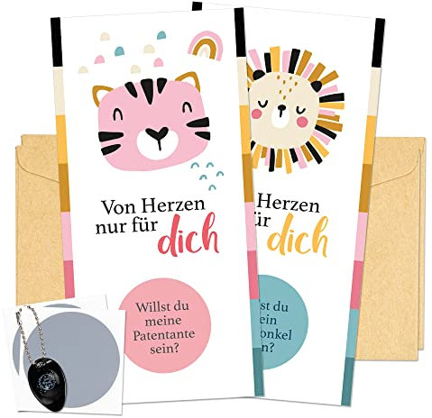 ILP 2er Set Rubbelkarte Patentante fragen - Rubbelkarte Patenonkel fragen - Geschenk zum Verkünden der Schwangerschaft - Idee Taufpate fragen - Inklusive Umschläge Sticker Rubbeltool - Pateneltern