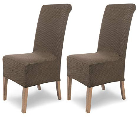 SCHEFFLER-Home Stuhlhussen Stretch Stuhlhussen Sofia Taupe 2er Set Stuhlhussen Elastisch Stuhlhussen für Schwingstühle Stuhlhussen Biber mit Gummizug