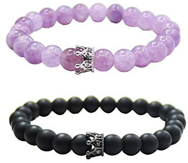 UEUC Armband mit CZ Kronen König und Königin schwarz Matte und weiß Howlite 8 mm Beads Armband(#66)