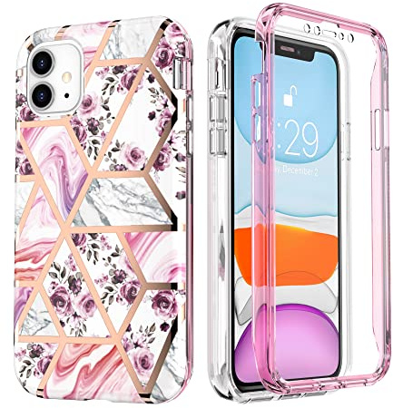 UEEBAI Case for iPhone 11 6.1 inch, Stylish Marble Pattern Full Body Protective Case with Built in Screen Protector Hard Plastic PC Case Soft TPU Shockproof Cover - Rose