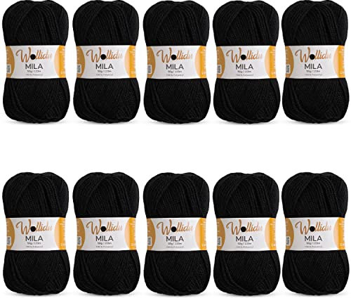 Wollidu Mila Garn zum Häkeln und Stricken 10 x 50g/133m Strickgarn 100% Polyacryl Häkelgarn Schwarz
