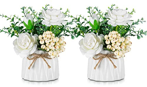BLOSMON Artificial Flowers and Vase Decoration Fake Flower in Vases 2PCS White Plastic Rose Arrangement Table Floral Centrepieces Ornament Plant Bouquet for Wedding Room Window Garden Party Display