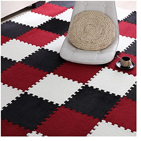 30 PCS Interlocking Foam Mats,Fluffy Carpet Tiles Plush Area Rug,12X12 Interlocking Puzzle Floor Mat with Border,Soft Crawling Playmat Floor Tiles,Bedroom EVA Foam Mat,Black+Red+White
