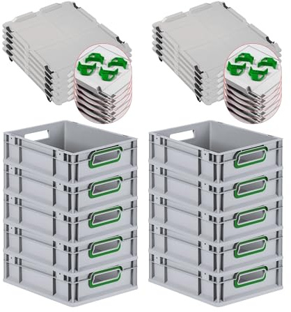 PROREGAL SuperSparSet 10x Eurobox NextGen Color mit Auflagedeckel & Schiebeschnappverschlüsse, HxBxT 12x30x40cm, 11L, Griffe grün offen, Glatter Boden, Eurobehälter Transportbox Transportbehälter
