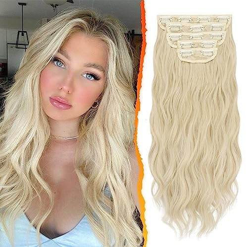 BARSDAR Clip in Extensions, 5 PCS Lange Wellige Clip in Haarverlängerungen Dickes Natürliches Weiches Synthetisches Haarteil Für Frauen Mädchen -45 cm, Beige Blond Mix Butterblond