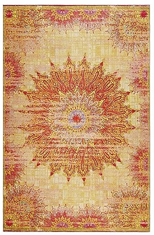 Moderner Kurzflor Teppich im Vintage Look von WECONhome für Wohnzimmer, Schlafzimmer oder Arbeitszimmer – Rooftop (110 x 170 cm, gelb)