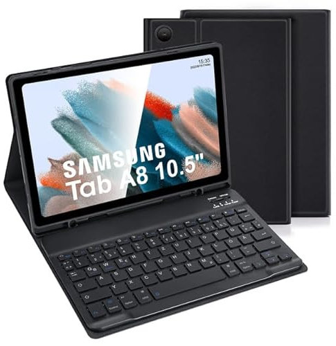 LAMA Samsung Galaxy Tab A8 Hülle mit Tastatur, Kabellose Tastatur Hülle für Tab A8 10,5“ 2021(SM-X200/X205/X207), Bluetooth Tastatur Hülle Schützhülle mit Stifthalter -Deutsches QWERTZ Layout, Schwarz