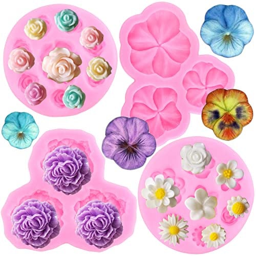 RFGHAC Peony Flower Silicone Mould Rose Flower Fondant Moulds Daisy Plumeria Flower Mould Pansy Flower Mould for Cake Decorating Cupcake Topper Chocolate Candy Polymer Clay Gum Paste Set of 4