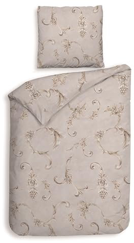 Heckett & Lane Flanell Bettwäsche 155x220 Rosalie Grey Ornamente Trauben Sand