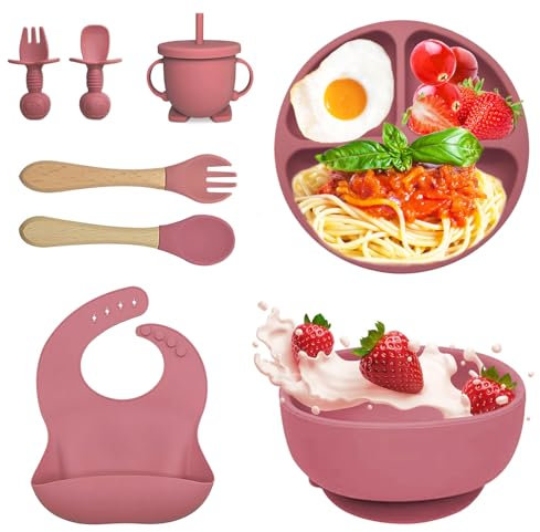 Bizcasa Coffret Repas Bebe 8 pièces, Vaisselle Antiderapant pour Bébé Set Silicone avec Ventouse Assiette Bol Fourche Cuillère Bavoir et Tasse, Assiette Enfant Set, Sans BPA (Rose foncé)