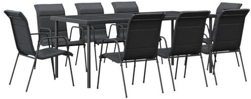Gecheer 9-TLG. Garten Essgruppe 8 Personen, Gartenmöbel Set, Tisch mit Stuhl, Terassenmöbel, Gartengarnitur für Garten Terrasse, Schwarz Stahl und Textilene