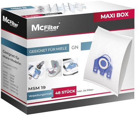 McFilter | 48 sacs à poussière compatibles avec les aspirateurs Miele série GN S2 S4 S5 S6 S8, Complete C2/C3, Classic C1 | Sacs à poussière avec 24 filtres | MAXI BOX
