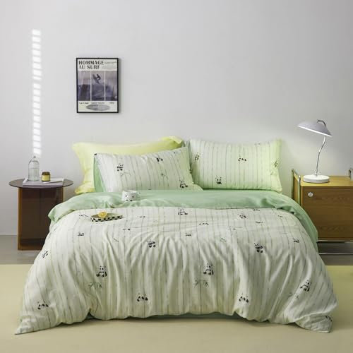 AOJIM Seidiges Bettbezug-Set mit Panda-Muster, 100 % Naturfasern, Lyocell-Bettwäsche, weich, atmungsaktiv, kühlende Bettwäsche, 3-teilig, 1 feuchtigkeitsableitender Bettbezug und 2 passende