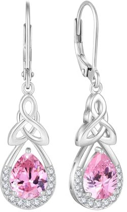 FJ Keltischer Knoten Hängend Ohrringe Damen 925 Sterling Silber Unendlichkeit Tropfen Hängend Ohrringe Rosa Turmalin Oktober Geburtsstein Irischer Glücksschmuck Geschenke für Frauen