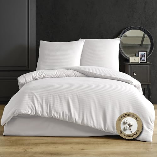 nordqueen Satin gestreift Seersucker Bettwäsche,100% Baumwolle Bettbezug aus Atmungsaktive Winter Bettwäsche Set (Weiß, 200X200 cm)