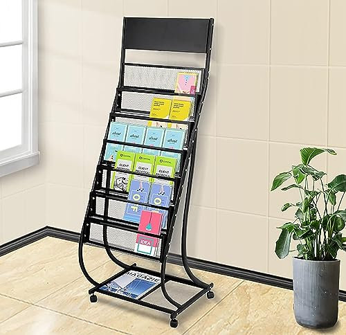LaYiQimn Zeitschriftenhalter Show Rack, Prospektständer mit Rollen, beweglicher, bodenstehender Zeitschriftenhalter, für Wartezimmer/Hotellobby/Ausstellungsprospekte (Schwarz)