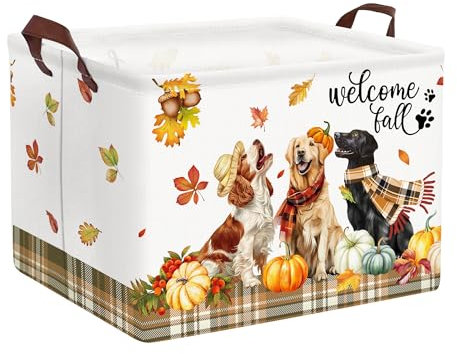 Clastyle 36L Large Puppy Truck Dog Harvest White Shelf Basket with Handle Collapsible Rectangle Pumpkin Toy Clothes Cube Storage Basket for Autumn Home