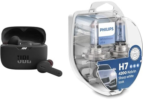 JBL Tune 230 NC TWS – Wasserfeste, True-Wireless In-Ear-Kopfhörer & Philips Halogen, WhiteVision Ultra H7 Scheinwerferlampe, 4.200K, Doppelset, Weiß