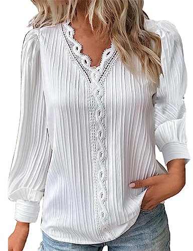 Cocila Langarmshirt Damen Große Größe Kurzarm Oberteile Sommer Bluse Damen Elegant Langärmlige Hemd Spitze V-Ausschnitt Blusenshirt Feste Farbe Mode Top Pullover