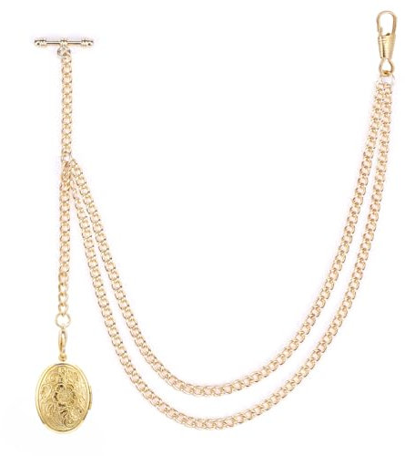 ManChDa Pocket Watch Chain - Pocket Watch Chains for Men with Locket Pendant, Pocket Watch and Chain, Albert Chain Curb Link T-Bar Chain 2 Hook Antique T Bar Fob Watch for Men Gold