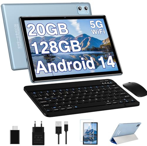 DEERTiME 2024 Newest 10 Pulgadas Tablet Android 14, 20GB RAM+128GB ROM/TF 512GB, WiFi 6, 5G+2.4G WiFi, 8-Core 1.8 GHz, GMS Certificado, 6000mAh, 5+8MP, BT 5.0, Tablet con Funda, Teclado y Ratón - Azul