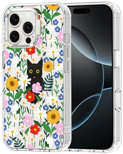 MOSNOVO Case for iPhone 16 Pro Max, [Buffertech 6.6ft Military-Grade Drop Protection] [Anti Peel Off Tech] Clear TPU Bumper Phone Case Cover Design - Black Cat in Garden