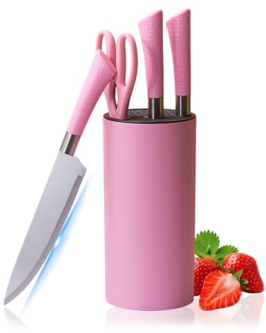 AVEKI Kitchen Knife Set, 7-Pieces Pink Stainless Steel Knife Block Set with Sharp Blades, Professional Chef Knife Set with Ergonomic Handle for for Chopping, Slicing, Dicing Cutting (Pink)