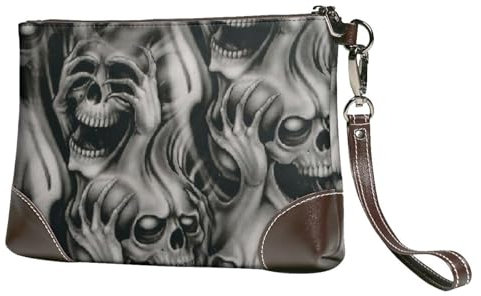 FLYIFE Coole Handtasche mit Totenkopf-Motiv, Leder, Clutch, Damen, Reißverschluss, Geldbörse, Handtasche mit Handgelenkschlaufe, Schwarz , Einheitsgröße