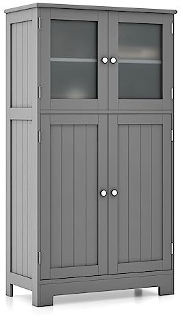 GIANTEX Badezimmerschrank, 60 x 30 x 109 cm, Badschrank mit 4 Türen & Verstellbarer Ablage, Aufbewahrungsschrank für Badezimmer, Küche & Wohnzimmer (Grau, Modell A)