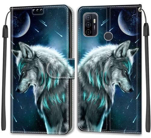 Handyhülle für Oppo A53/A53s, Wolf | Premium Leder Flip, Klappbar, Stoßfest, Magnetisch, Standfunktion, Kartenfächer, Wallet Handyhülle