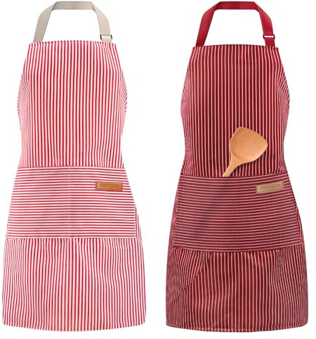 Tczecoo 2 Stück Küchenschürze, Backen Schürze mit 2 Taschen, Verstellbare Schürze, Unisex Kochschürze, Nackenband Schürzen für Küche Kochen Backen Restaurant Café (Rosa+Rot)