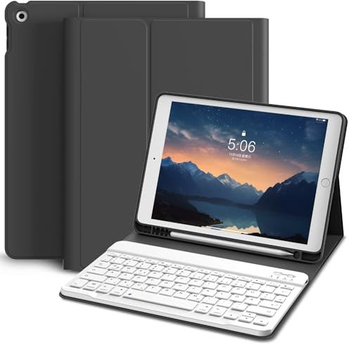 KVTVOU Étui clavier pour iPad 9e/8e/7e génération 10,2 pouces 2021/2020/2019, clavier OWERTZ amovible sans fil, porte-stylo intégré, noir