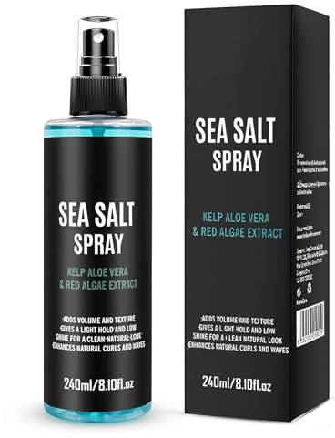Sea Salt Spray, Spray Eau de Mer Cheveux, Spray Texturisant Cheveux, Spray Coiffant Homme, Extraits de Varech, d'Algues Rouges et d'Aloe Vera Ajoutés, 240 ML