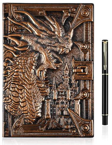 OFFCUP Hardcover Notizbuch A5, 3D Dragon Vintage Notizbuch,Geprägtes Ledertagebuch Vintage Tagebuch+Stift Set,Geprägt Reise Tagebuch Handgefertigtes Buch als Geschenk Oder Reisenotizbuch