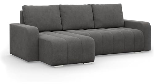 Mebligo - Ecksofa mit Schlaffunktion und Betkasten 237 cm Breit Abrielle, Eckcouch Universelle Form, Sofa mit Bonell Federkern, Couch Wohnzimmer, Ecke Sofa - Dunkelgrau (Abriamo 07)