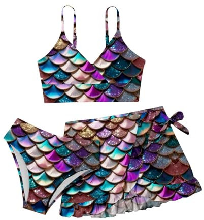 meerjungfrau Flosse zum Schwimmen Mädchen Bikini Set 3er Sommer Badeanzüge für Mädchen Bikini Top mit Triangel Bikinihose und Rock Sommer Strand Badeanzug Surfen Badebekleidung Hawaii Schwimmanzug