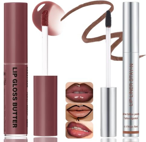 Peel Off Lip Liner & Gloss Set,Dark Brown Plumping Peel Off Lip Liner Stain And Gradient shine brown Butter Lip Gloss,Long Lasting Moisturizing Waterproof Lightweight Lipstick Care,All-IN-One Lip Kit
