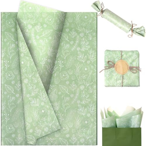 20 Sheets Sage Green Wildflowers Tissue Paper, 20x14 Inches, Botanical Green White Floral Printed Tissue Paper for Spring Wedding Gift Wrapping Supplies