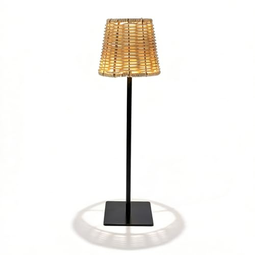 Yanmis Boho Rattan Tischlampe, Wicker -Nachtlicht, 120 Lm 3 Farbkontrolle Wiederaufladbare Dimmbare LED -Nachtlampe für Home Restaurant Hotel (BLACK)