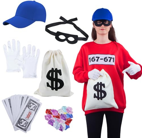 Moiuguli Kostüm Panzerknacker, Panzerknacker Kostüm Herren Damen, Panzer Knacker Kostüm Erwachsene Augenmaske Handschuhe Kordelzugbeutel, Kostüm Karneval Herren Halloween Räuber Dieb