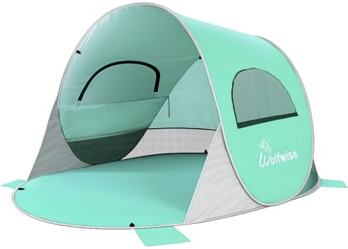 Wolfwise Pop Up Strandmuschel für 2 Personen, Sofort Aufbau, UV-Schutz 50+, Wasserabweisend, Belüftetes Anti-Riss Strandzelt mit Sandtaschen, 190x115x95CM (79 ×49×37 IN), Mintgrün